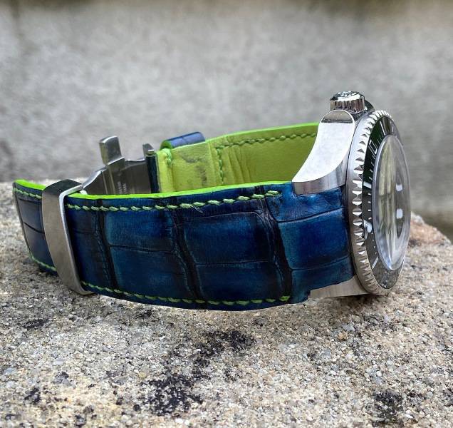 Custom Hand Antiqued Blue Alligator strap for Rolex Deep-Sea with Fully Integrated Fit (FIF)