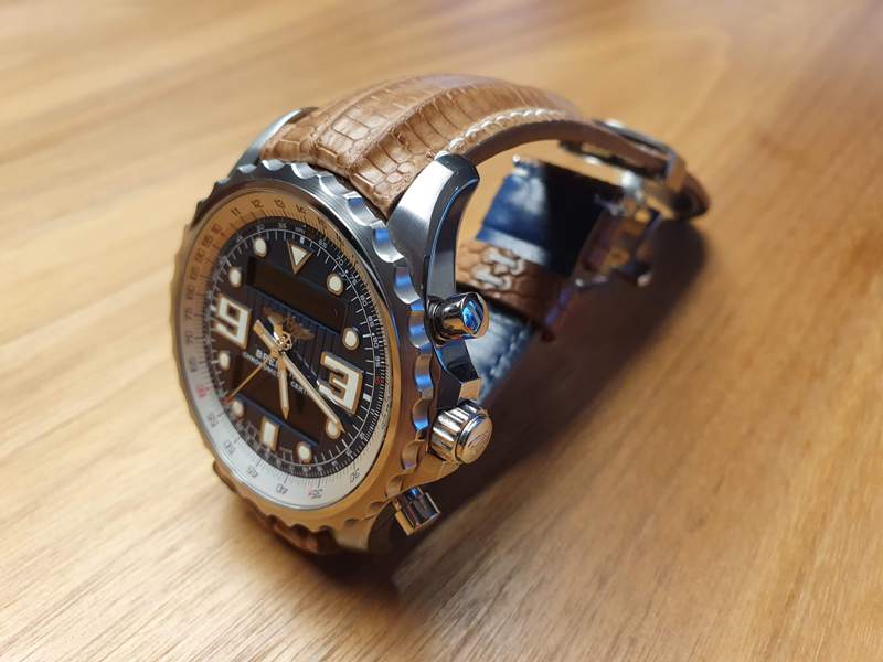 Custom Watch Strap for Breitling Chronospace made from Racing Tan Teju Lizard with Integrated fit