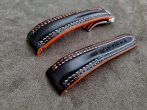 Waxy Black Calfskin strap with Double Row stitching and Orange Edge Paint