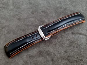 Waxy Black Calfskin strap with Double Row stitching and Orange Edge Paint