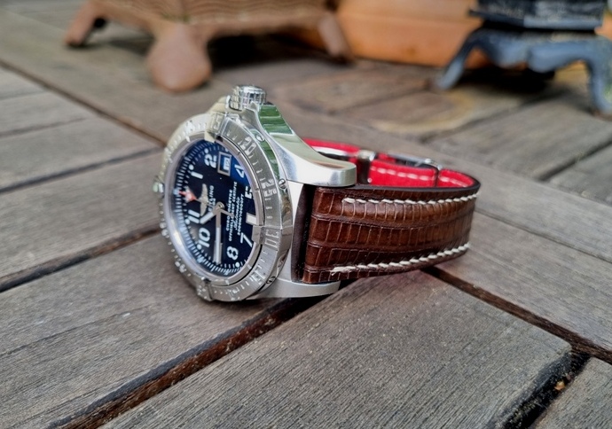 For Sale: Darkened Walnut Lizard Strap for Breitling