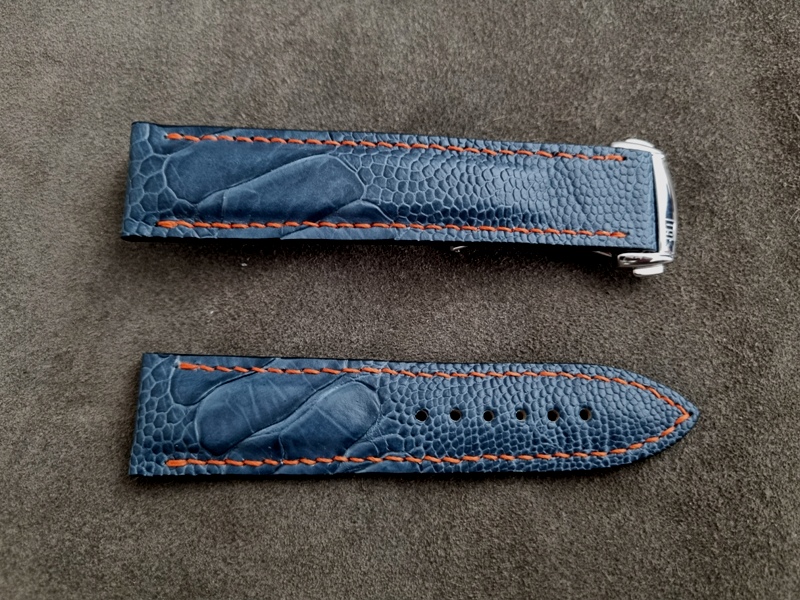 Gorgeous Azure Blue Ostrich Leg stitched with Orange French-milled linen thread