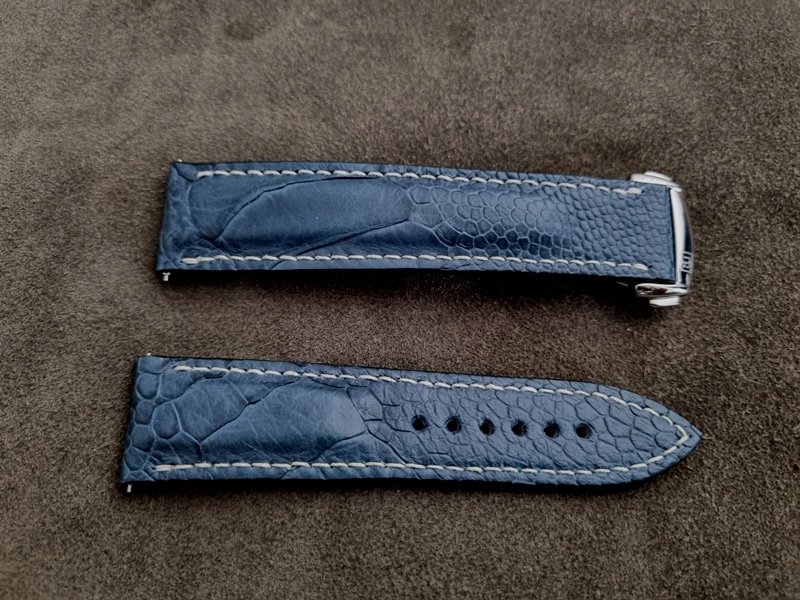Azure Blue Ostrich Leg hand saddle stitched with White French-milled linen