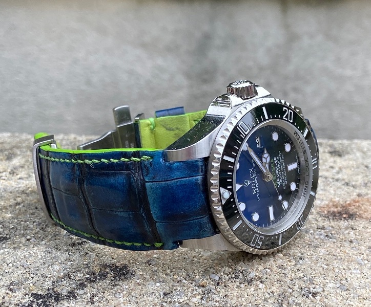 Blue and Black Hand Antiqued Alligator for Rolex Deepsea D-Blue Cameron Edition