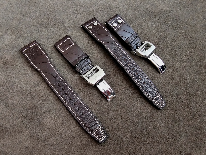 Tobacco Ostrich Leg straps for IWC Big Pilot available with or without rivets