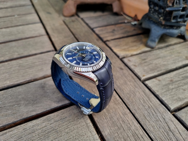 Deep Blue Alligator with integrated 'Thick Curved Lug System' (TCLS) for Rolex Sky-Dweller