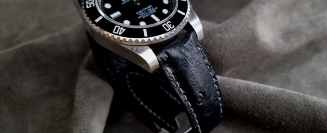 Black Ostrich Quill leather strap on Rolex - Grey thread