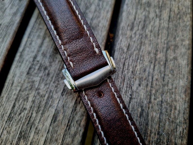 Mahogany Kangaroo strap for Rolex (10) Mahogany kangaroo leather watch strap with curved lug fitment, handcrafted in premium leather for a seamless case integration and vintage-inspired luxury watch style.