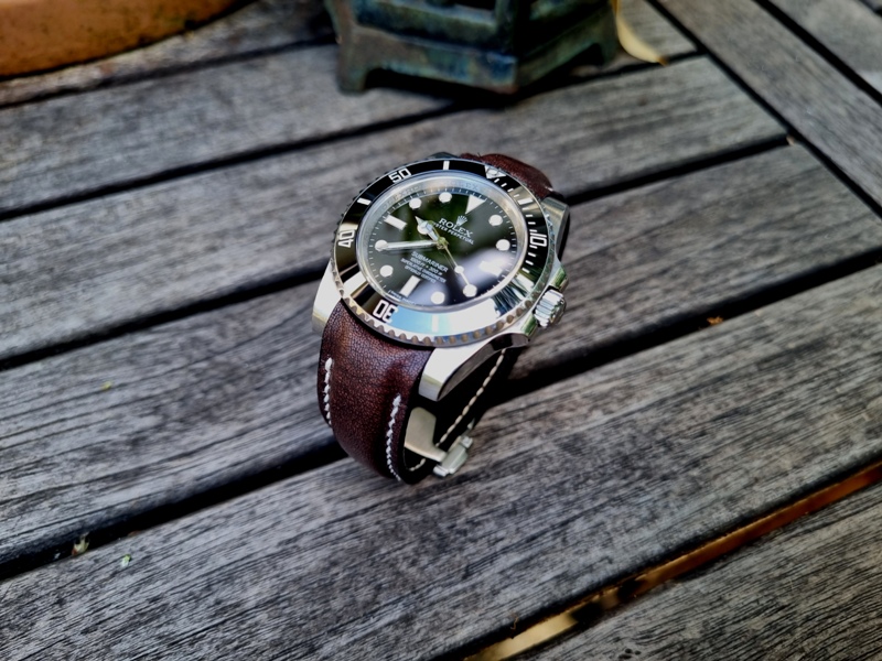 Mahogany Kangaroo strap for Rolex (13) Mahogany kangaroo leather watch strap with curved lug fitment, handcrafted in premium leather for a seamless case integration and vintage-inspired luxury watch style.