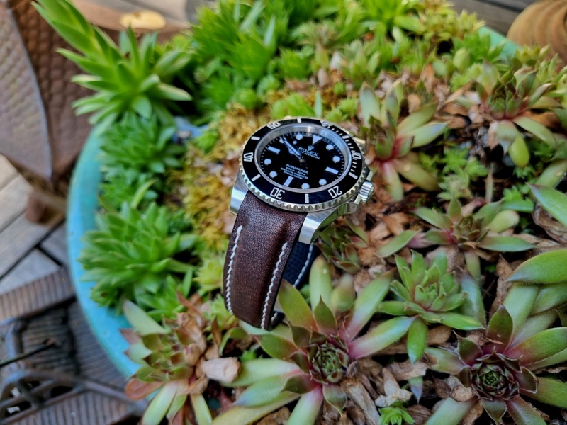 Mahogany Kangaroo strap for Rolex (17) Mahogany kangaroo leather watch strap with curved lug fitment, handcrafted in premium leather for a seamless case integration and vintage-inspired luxury watch style.